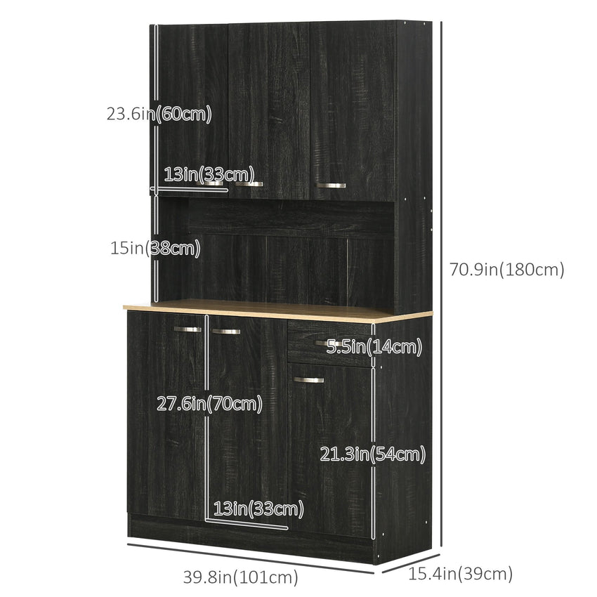 71" Kitchen Buffet with Hutch, Freestanding Kitchen Cabinet with Doors, Drawers, Microwave Counter, Black