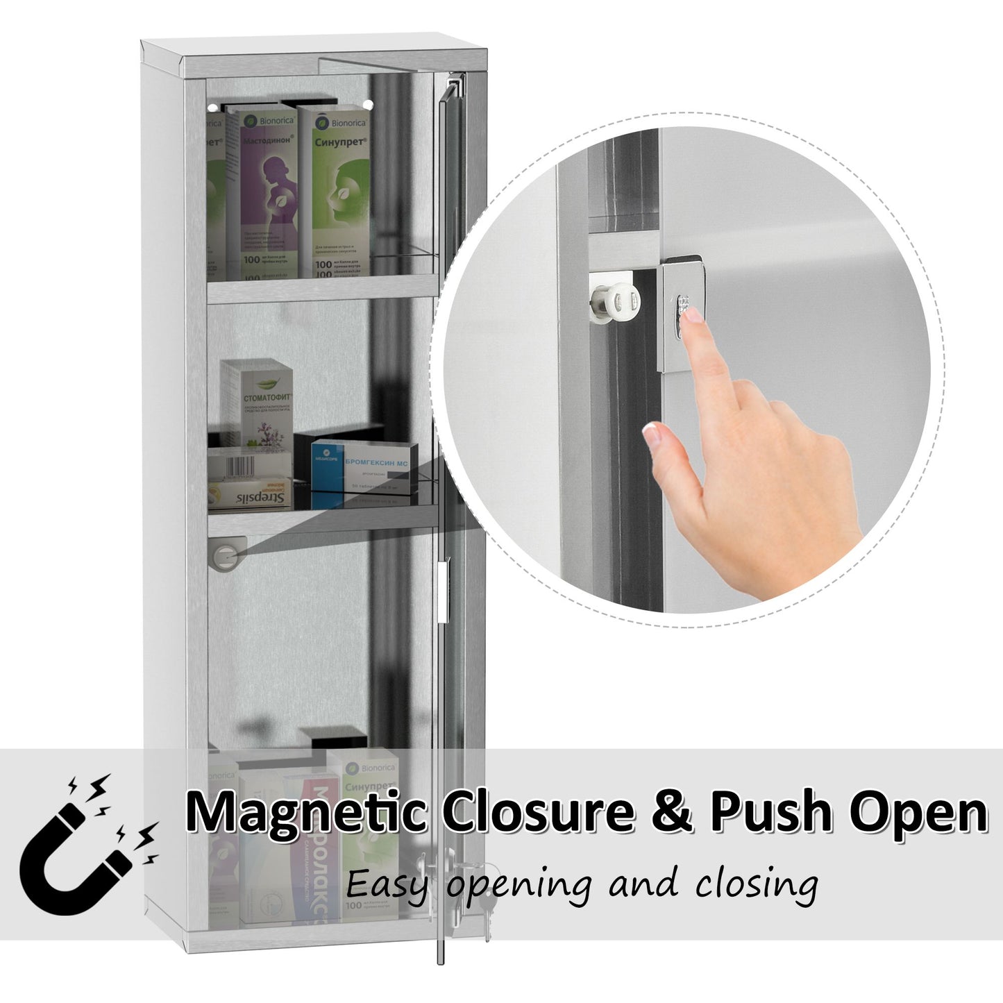 Wall Mount Medicine Cabinet, Bathroom Cabinet with 3 Tier Shelves, Stainless Steel Frame and Glass Door, Lockable with 2 Keys, Silver, 8" x 23"