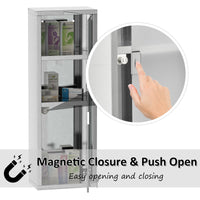 Wall Mount Medicine Cabinet, Bathroom Cabinet with 3 Tier Shelves, Stainless Steel Frame and Glass Door, Lockable with 2 Keys, Silver, 8" x 23"