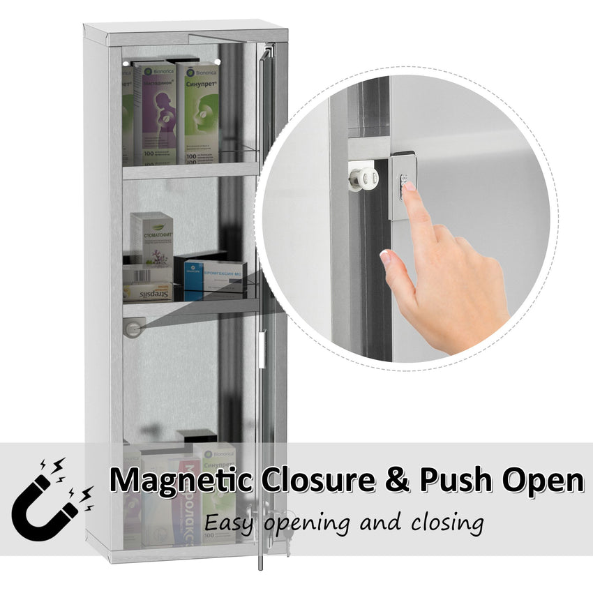 Wall Mount Medicine Cabinet, Bathroom Cabinet with 3 Tier Shelves, Stainless Steel Frame and Glass Door, Lockable with 2 Keys, Silver, 8" x 23"