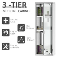 Wall Mount Medicine Cabinet, Bathroom Cabinet with 3 Tier Shelves, Stainless Steel Frame and Glass Door, Lockable with 2 Keys, Silver, 8" x 23"