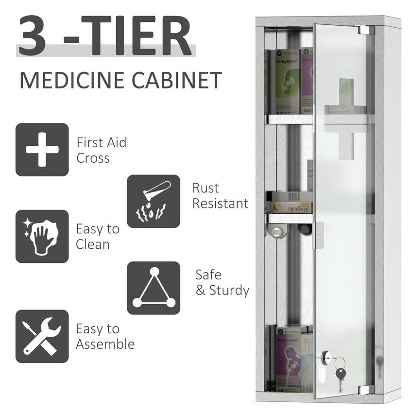 Wall Mount Medicine Cabinet, Bathroom Cabinet with 3 Tier Shelves, Stainless Steel Frame and Glass Door, Lockable with 2 Keys, Silver, 8" x 23"
