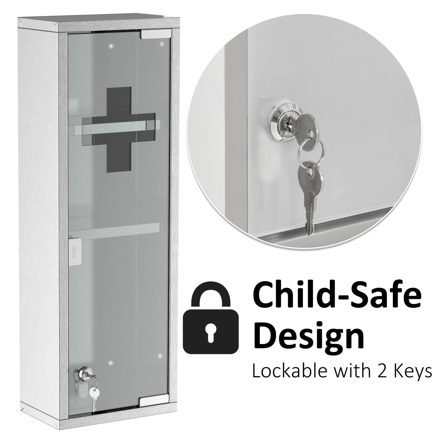 Wall Mount Medicine Cabinet, Bathroom Cabinet with 3 Tier Shelves, Stainless Steel Frame and Glass Door, Lockable with 2 Keys, Silver, 8" x 23"