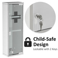 Wall Mount Medicine Cabinet, Bathroom Cabinet with 3 Tier Shelves, Stainless Steel Frame and Glass Door, Lockable with 2 Keys, Silver, 8" x 23"