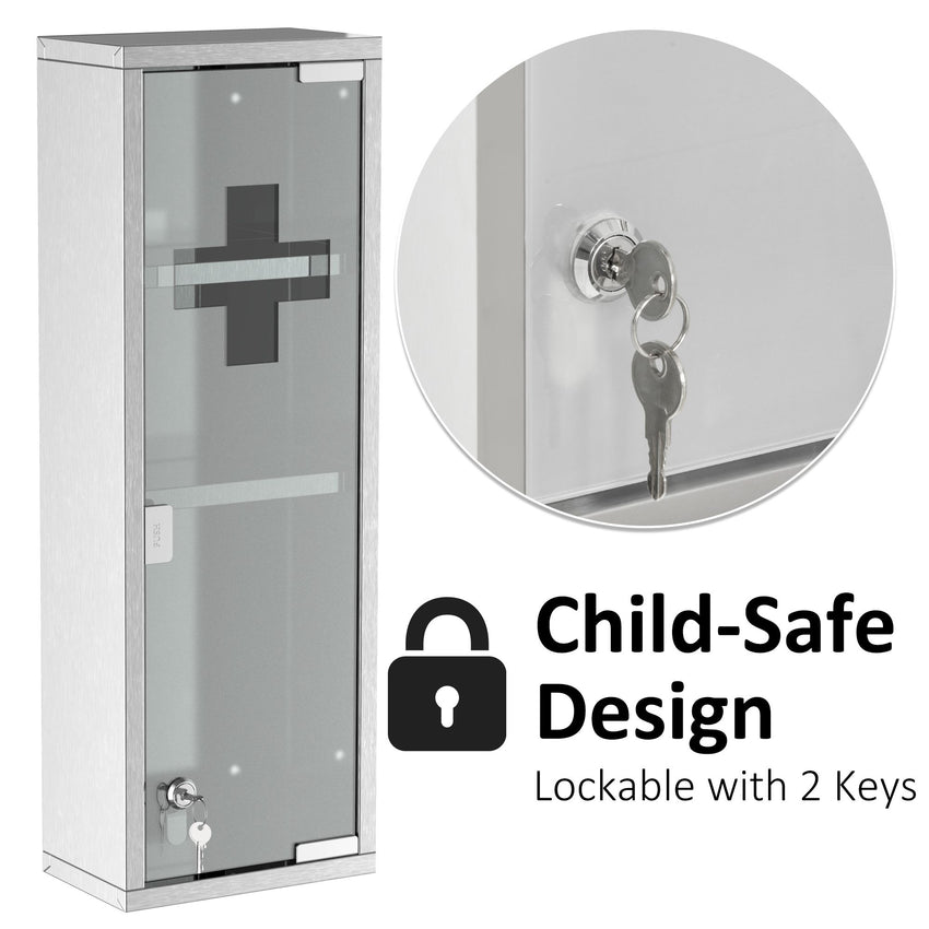 Wall Mount Medicine Cabinet, Bathroom Cabinet with 3 Tier Shelves, Stainless Steel Frame and Glass Door, Lockable with 2 Keys, Silver, 8" x 23"