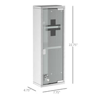 Wall Mount Medicine Cabinet, Bathroom Cabinet with 3 Tier Shelves, Stainless Steel Frame and Glass Door, Lockable with 2 Keys, Silver, 8" x 23"