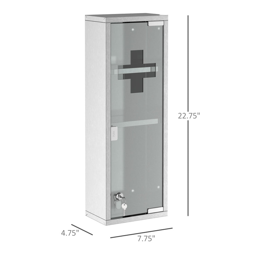 Wall Mount Medicine Cabinet, Bathroom Cabinet with 3 Tier Shelves, Stainless Steel Frame and Glass Door, Lockable with 2 Keys, Silver, 8" x 23"