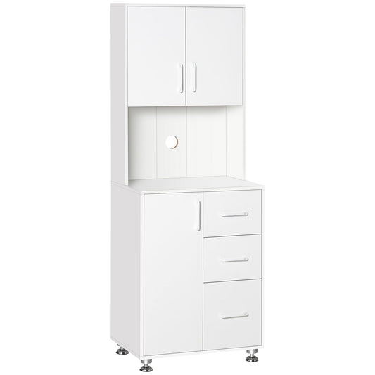 Modern Kitchen Cupboard with Storage Cabinet Hutch, 2 Cabinets, 3 Drawers and Open Countertop, White