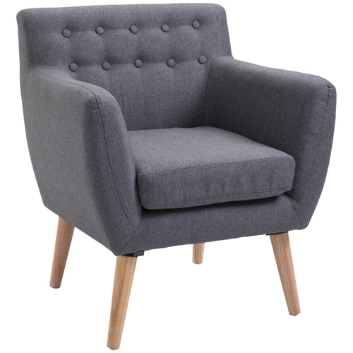 Linen Upholstery Armchair, Mid-Century Modern Accent Chair with Wood Frame and Thick Padding, Light Grey