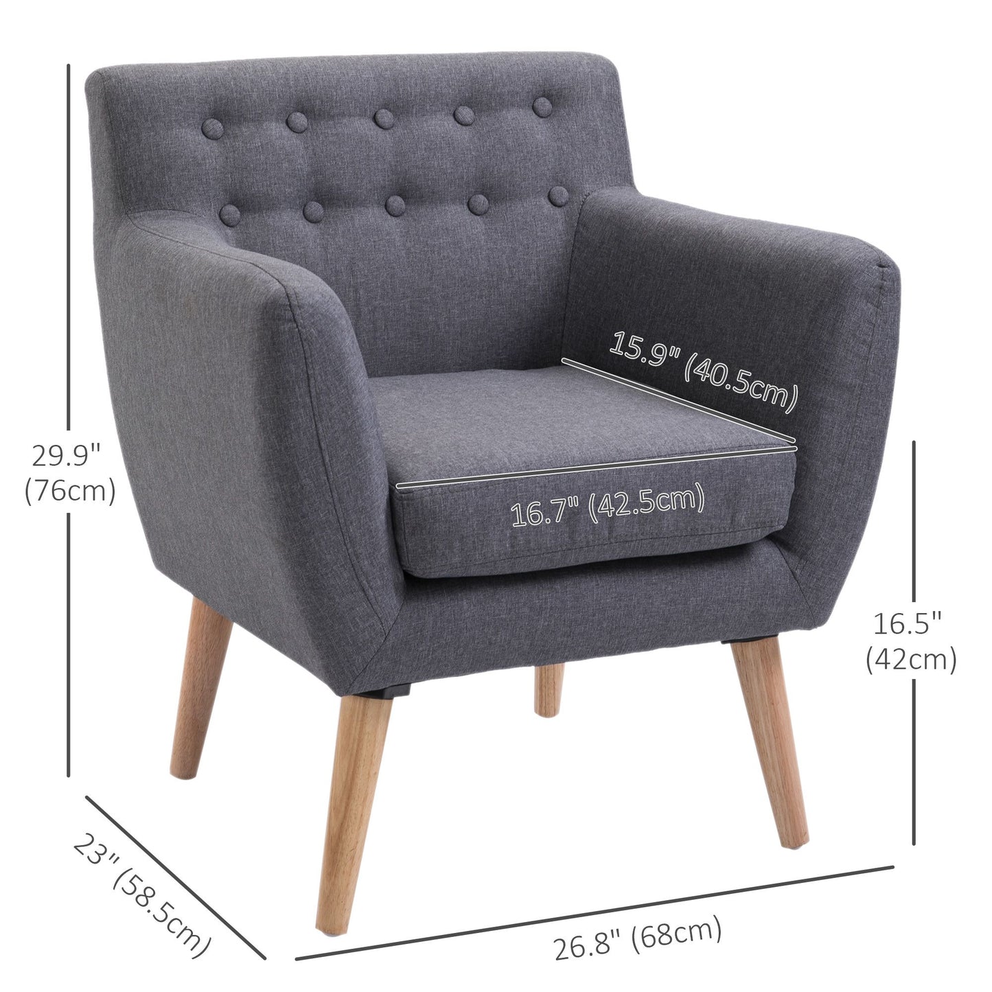 Linen Upholstery Armchair, Mid-Century Modern Accent Chair with Wood Frame and Thick Padding, Light Grey