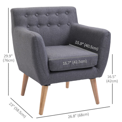 Linen Upholstery Armchair, Mid-Century Modern Accent Chair with Wood Frame and Thick Padding, Light Grey