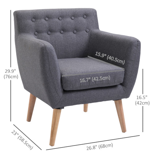 Linen Upholstery Armchair, Mid-Century Modern Accent Chair with Wood Frame and Thick Padding, Light Grey