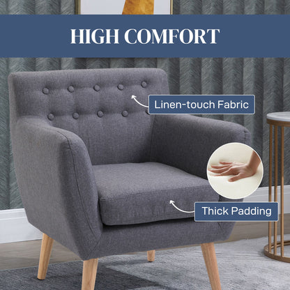 Linen Upholstery Armchair, Mid-Century Modern Accent Chair with Wood Frame and Thick Padding, Light Grey