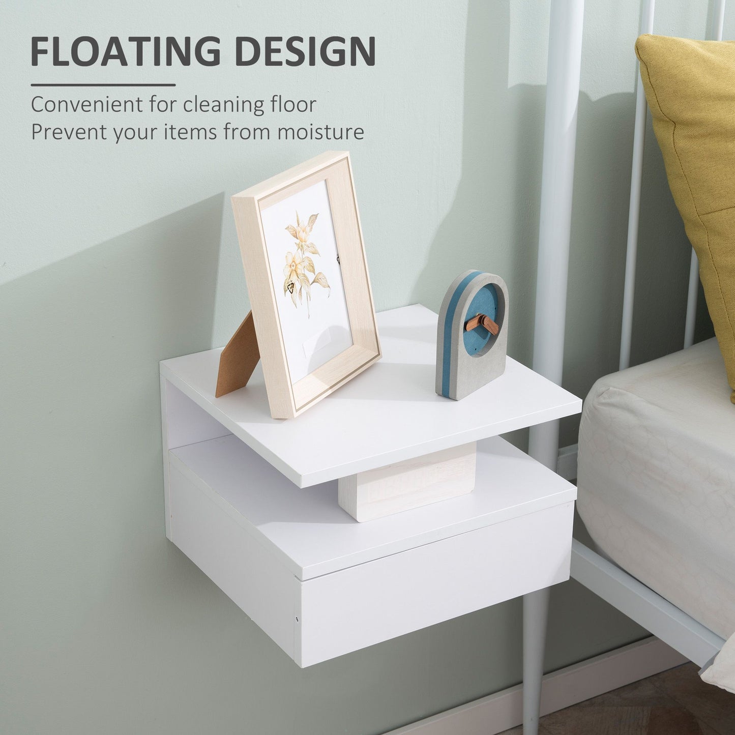 Set of Two Floating Bedside Tables with Drawer and Open Shelf for Bedroom, White