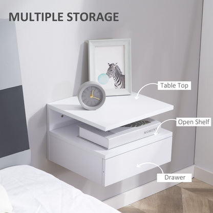 Set of Two Floating Bedside Tables with Drawer and Open Shelf for Bedroom, White