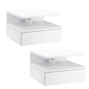Set of Two Floating Bedside Tables with Drawer and Open Shelf for Bedroom, White