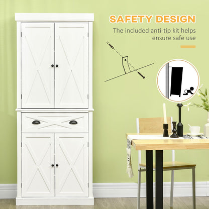 72.5" Kitchen Pantry Cabinet, Freestanding Storage Cabinet with 4 Doors, Drawer and Adjustable Shelves, White