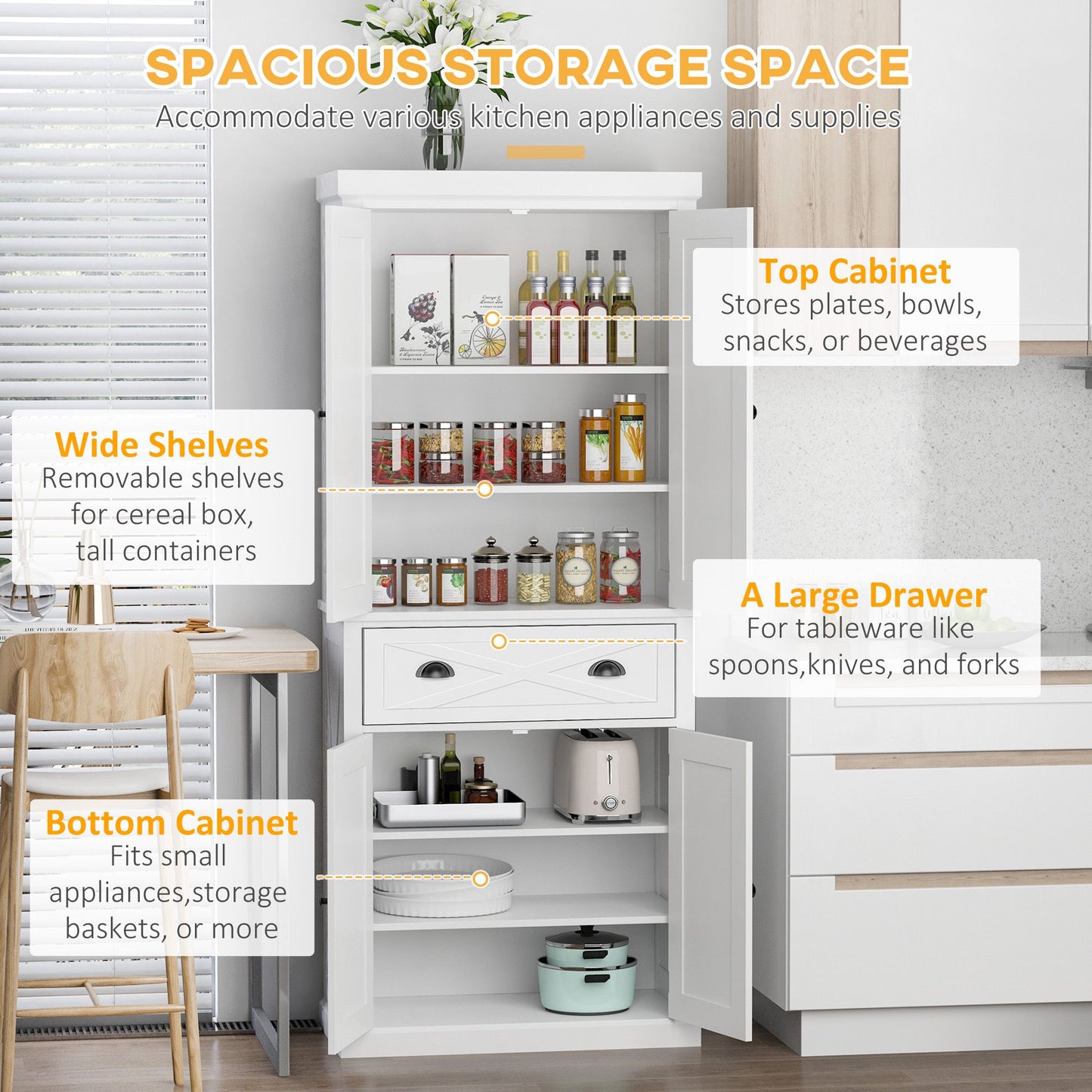 72.5" Kitchen Pantry Cabinet, Freestanding Storage Cabinet with 4 Doors, Drawer and Adjustable Shelves, White