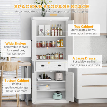 72.5" Kitchen Pantry Cabinet, Freestanding Storage Cabinet with 4 Doors, Drawer and Adjustable Shelves, White