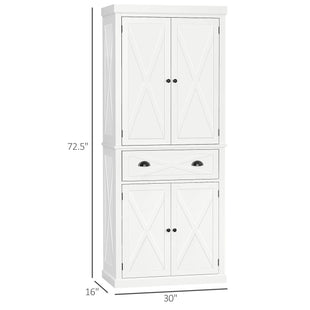 72.5" Kitchen Pantry Cabinet, Freestanding Storage Cabinet with 4 Doors, Drawer and Adjustable Shelves, White