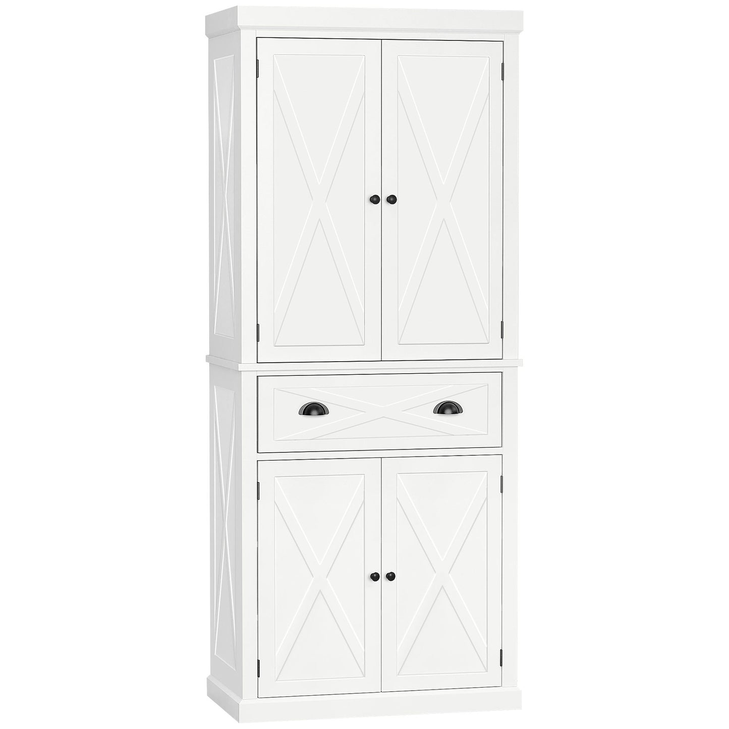 72.5" Kitchen Pantry Cabinet, Freestanding Storage Cabinet with 4 Doors, Drawer and Adjustable Shelves, White