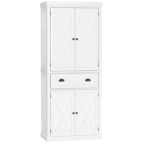 72.5" Kitchen Pantry Cabinet, Freestanding Storage Cabinet with 4 Doors, Drawer and Adjustable Shelves, White