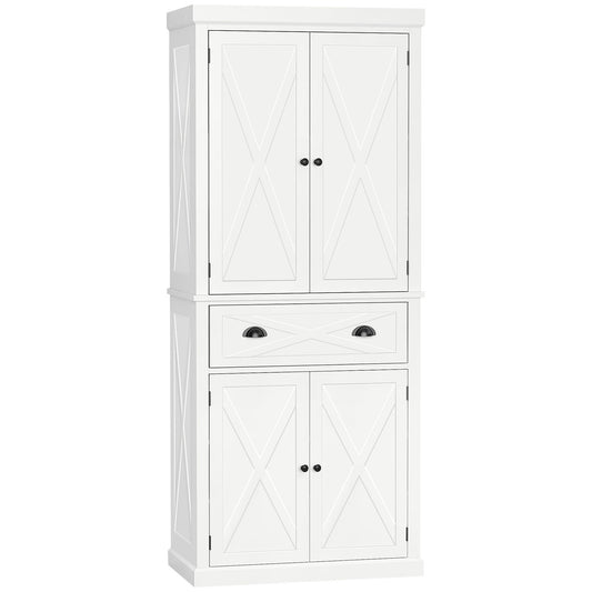 72.5" Kitchen Pantry Cabinet, Freestanding Storage Cabinet with 4 Doors, Drawer and Adjustable Shelves, White