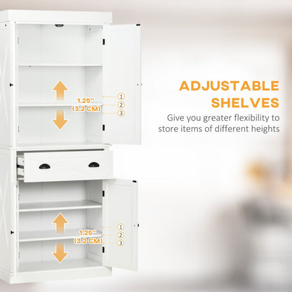 72.5" Kitchen Pantry Cabinet, Freestanding Storage Cabinet with 4 Doors, Drawer and Adjustable Shelves, White