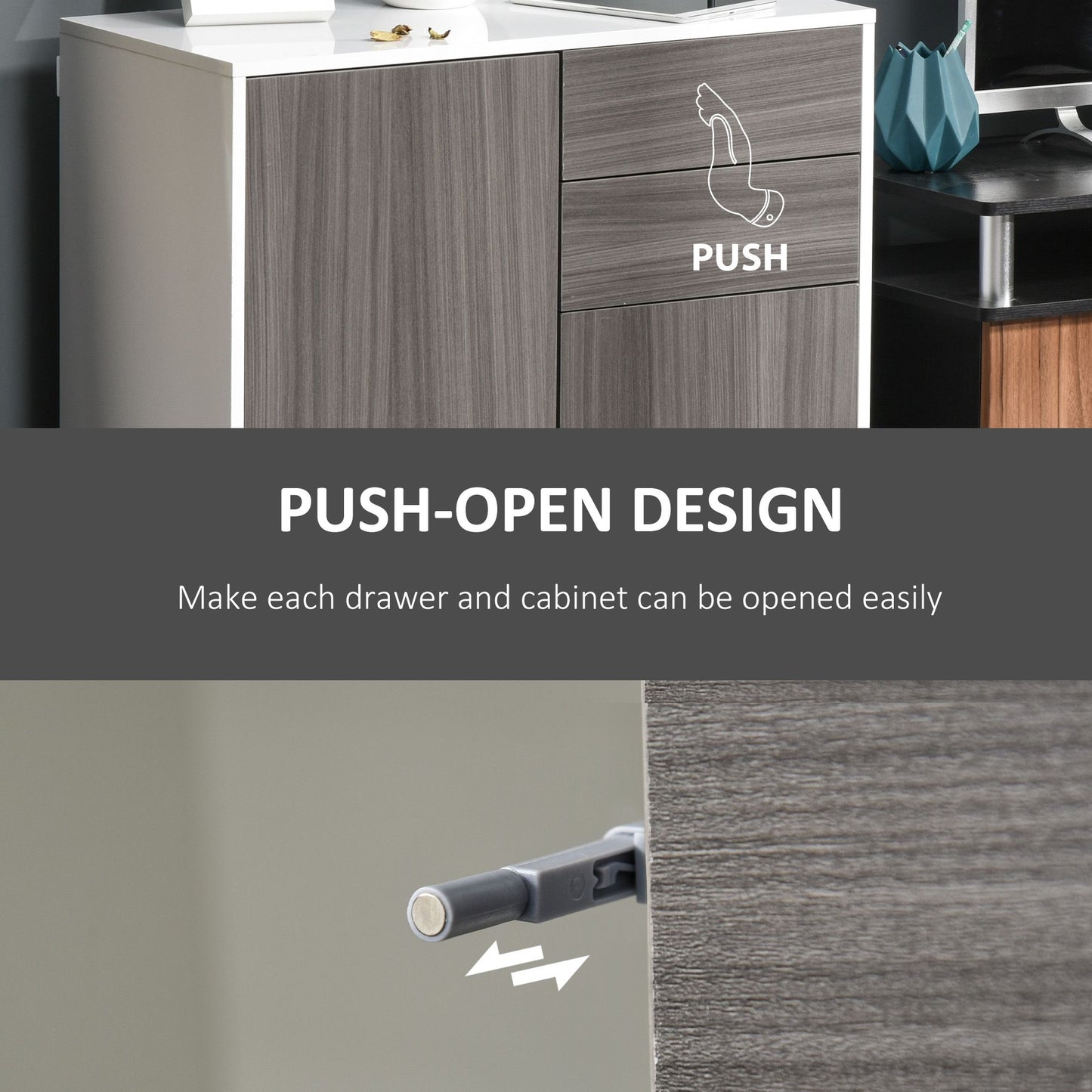 High Gloss Buffet Sideboard with 2 Drawers, 2 Doors and Adjustable Shelf, Kitchen Storage Cabinet with Push Open Design, Grey and White