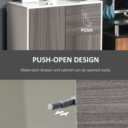 High Gloss Buffet Sideboard with 2 Drawers, 2 Doors and Adjustable Shelf, Kitchen Storage Cabinet with Push Open Design, Grey and White