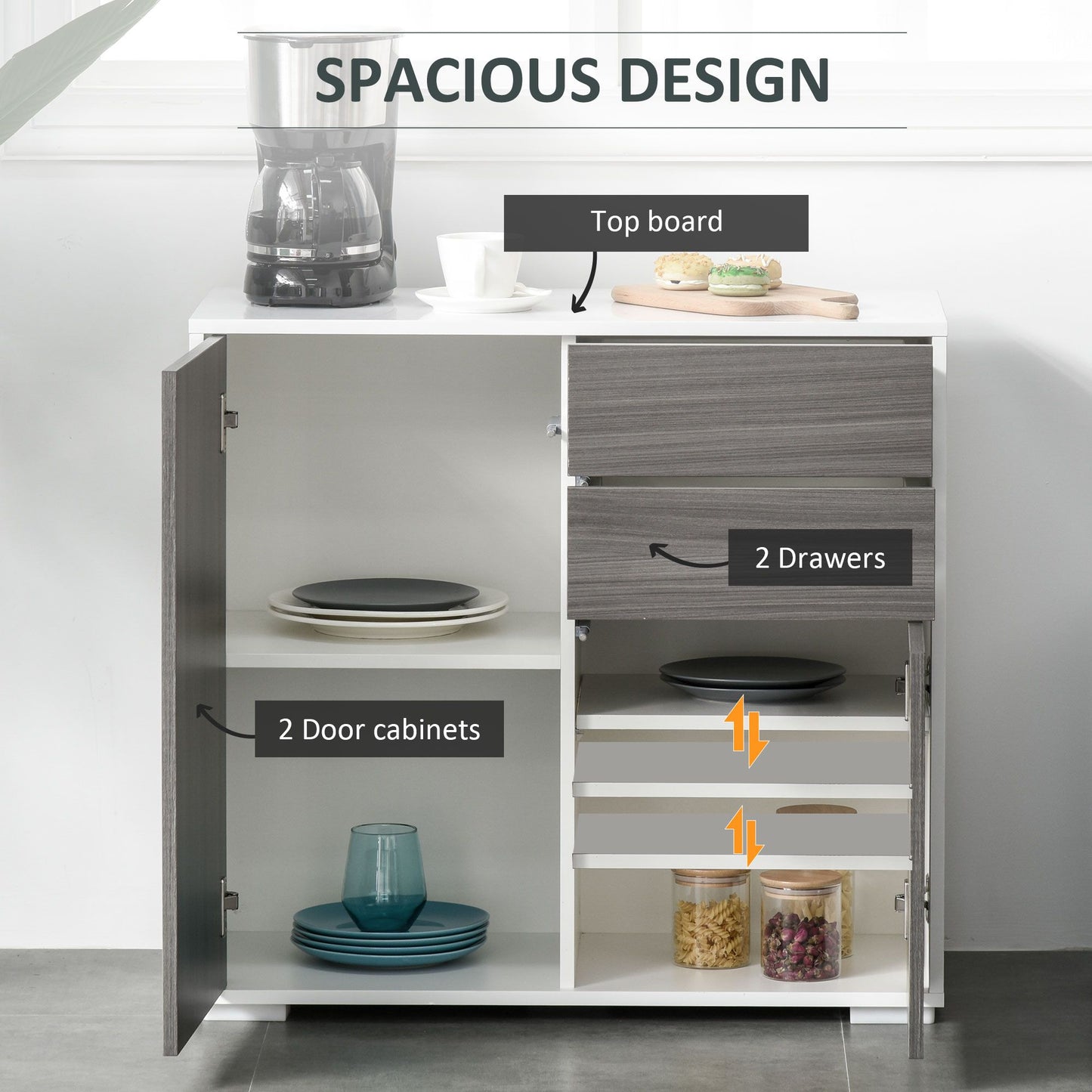 High Gloss Buffet Sideboard with 2 Drawers, 2 Doors and Adjustable Shelf, Kitchen Storage Cabinet with Push Open Design, Grey and White