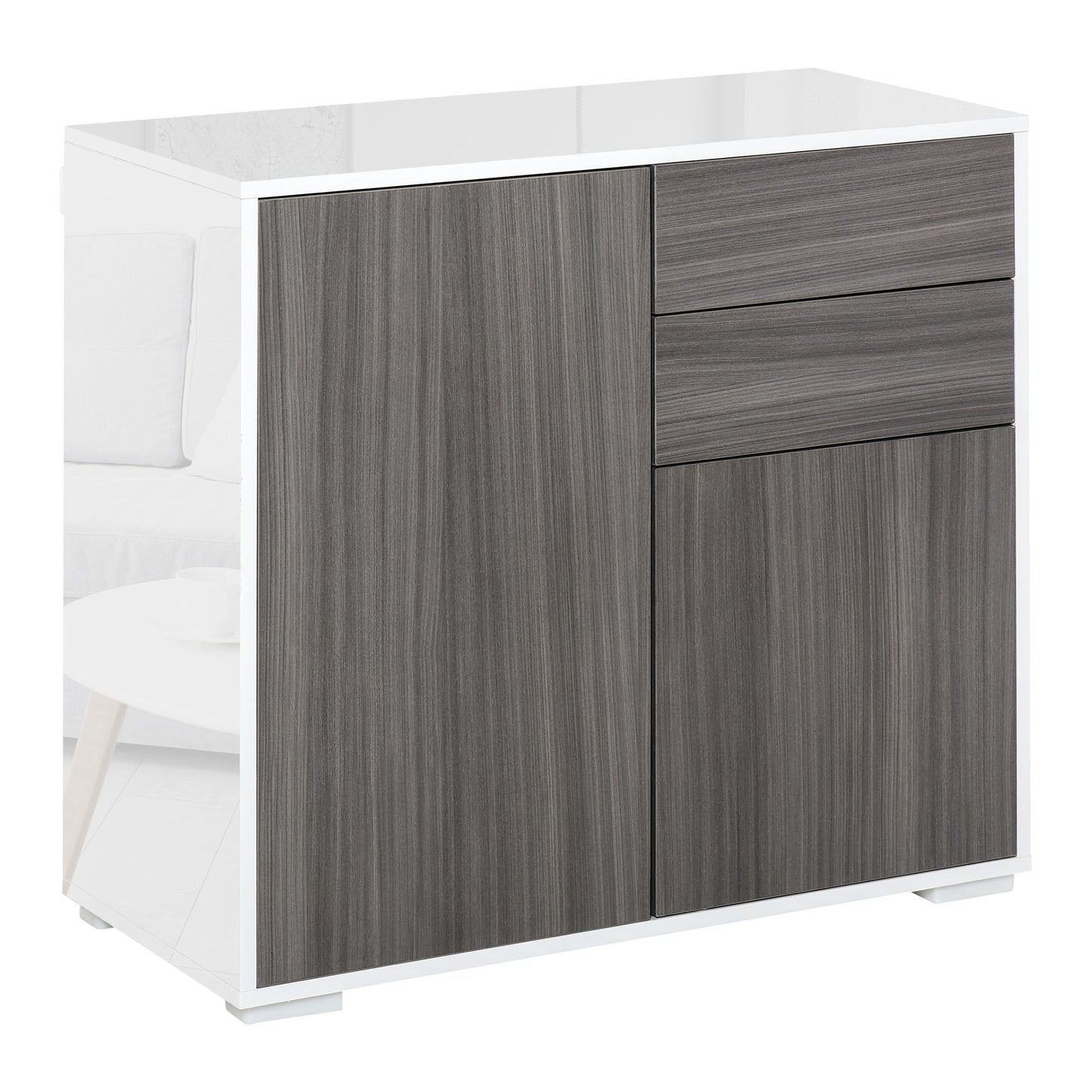 High Gloss Buffet Sideboard with 2 Drawers, 2 Doors and Adjustable Shelf, Kitchen Storage Cabinet with Push Open Design, Grey and White