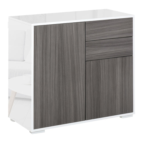 High Gloss Buffet Sideboard with 2 Drawers, 2 Doors and Adjustable Shelf, Kitchen Storage Cabinet with Push Open Design, Grey and White