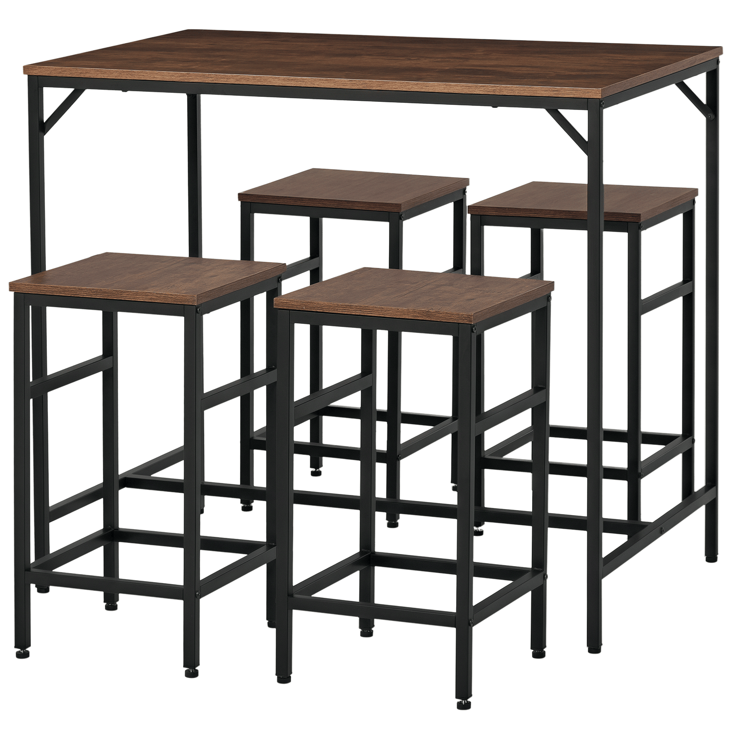 5 Pieces Industrial Rectangular Bar Table Set, Dining Table Set Breakfast Table with 4 Stools for Dining Room, Kitchen, Dinette, Rustic Brown