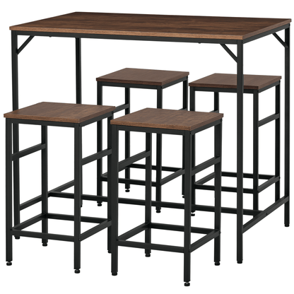 5 Pieces Industrial Rectangular Bar Table Set, Dining Table Set Breakfast Table with 4 Stools for Dining Room, Kitchen, Dinette, Rustic Brown