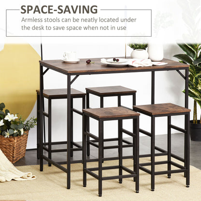 5 Pieces Industrial Rectangular Bar Table Set, Dining Table Set Breakfast Table with 4 Stools for Dining Room, Kitchen, Dinette, Rustic Brown
