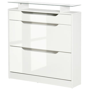 High Gloss Shoe Cabinet with 2 Flip Drawers and Adjustable Shelves, Narrow Shoe Storage Cabinet with Glass Top, White