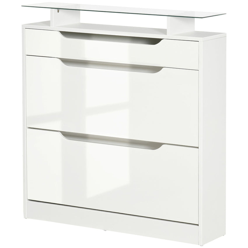 High Gloss Shoe Cabinet with 2 Flip Drawers and Adjustable Shelves, Narrow Shoe Storage Cabinet with Glass Top, White