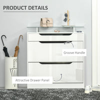 High Gloss Shoe Cabinet with 2 Flip Drawers and Adjustable Shelves, Narrow Shoe Storage Cabinet with Glass Top, White