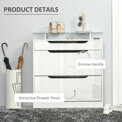 High Gloss Shoe Cabinet with 2 Flip Drawers and Adjustable Shelves, Narrow Shoe Storage Cabinet with Glass Top, White