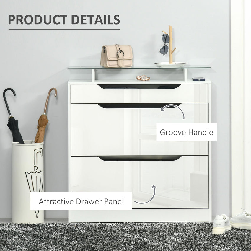 High Gloss Shoe Cabinet with 2 Flip Drawers and Adjustable Shelves, Narrow Shoe Storage Cabinet with Glass Top, White