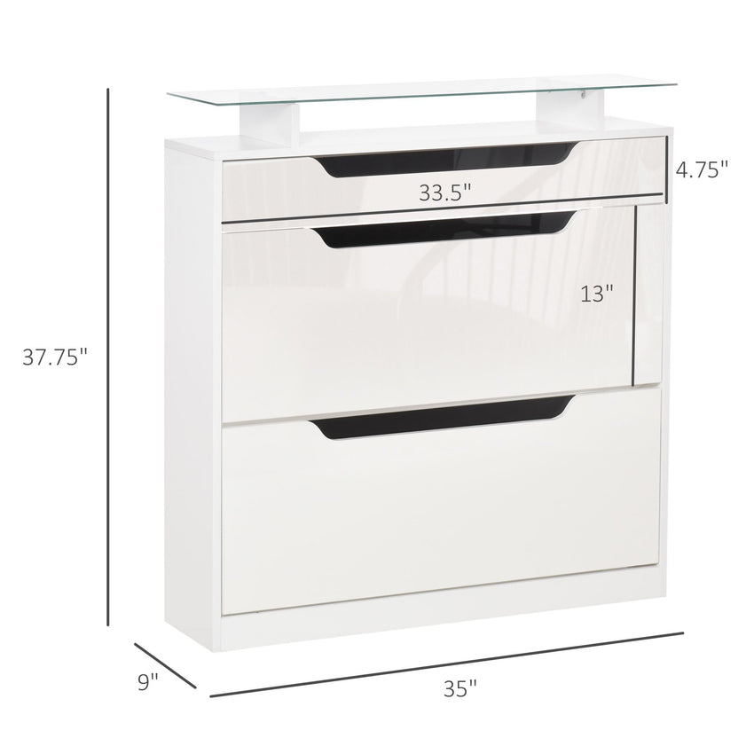High Gloss Shoe Cabinet with 2 Flip Drawers and Adjustable Shelves, Narrow Shoe Storage Cabinet with Glass Top, White
