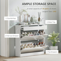 High Gloss Shoe Cabinet with 2 Flip Drawers and Adjustable Shelves, Narrow Shoe Storage Cabinet with Glass Top, White