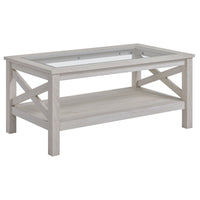 Farmhouse Coffee Table with Tempered Glass Table Top, 2-tier Center Table with Bottom Storage Shelf for Living Room, Bedroom