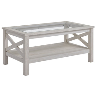 Farmhouse Coffee Table with Tempered Glass Table Top, 2-tier Center Table with Bottom Storage Shelf for Living Room, Bedroom