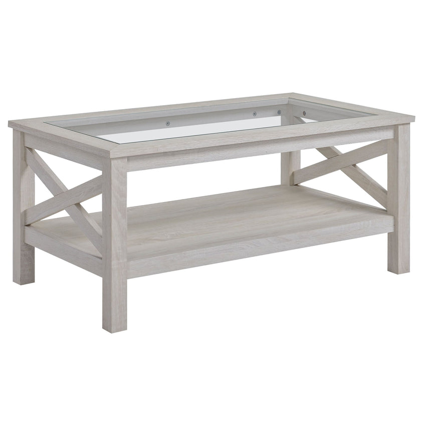 Farmhouse Coffee Table with Tempered Glass Table Top, 2-tier Center Table with Bottom Storage Shelf for Living Room, Bedroom
