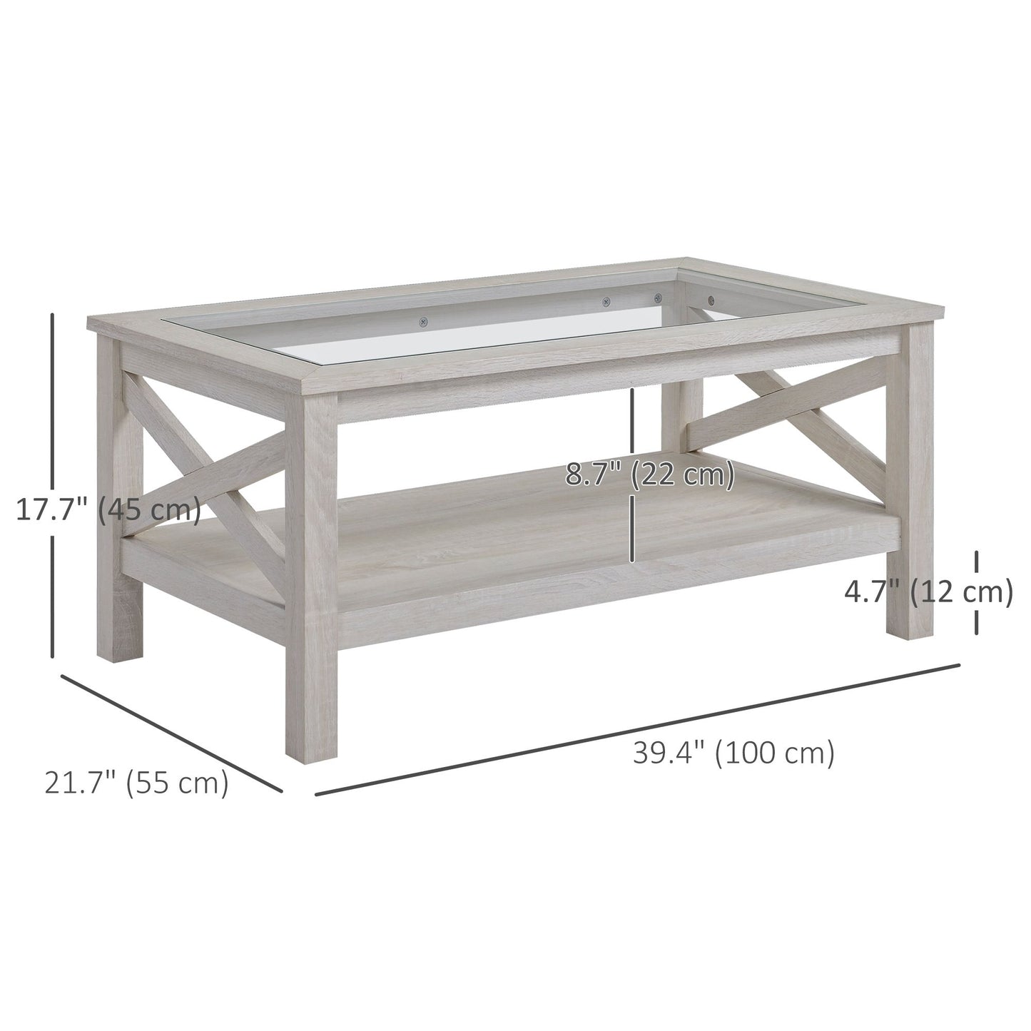 Farmhouse Coffee Table with Tempered Glass Table Top, 2-tier Center Table with Bottom Storage Shelf for Living Room, Bedroom
