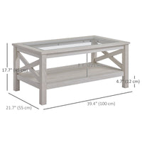 Farmhouse Coffee Table with Tempered Glass Table Top, 2-tier Center Table with Bottom Storage Shelf for Living Room, Bedroom