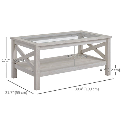 Farmhouse Coffee Table with Tempered Glass Table Top, 2-tier Center Table with Bottom Storage Shelf for Living Room, Bedroom