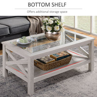 Farmhouse Coffee Table with Tempered Glass Table Top, 2-tier Center Table with Bottom Storage Shelf for Living Room, Bedroom